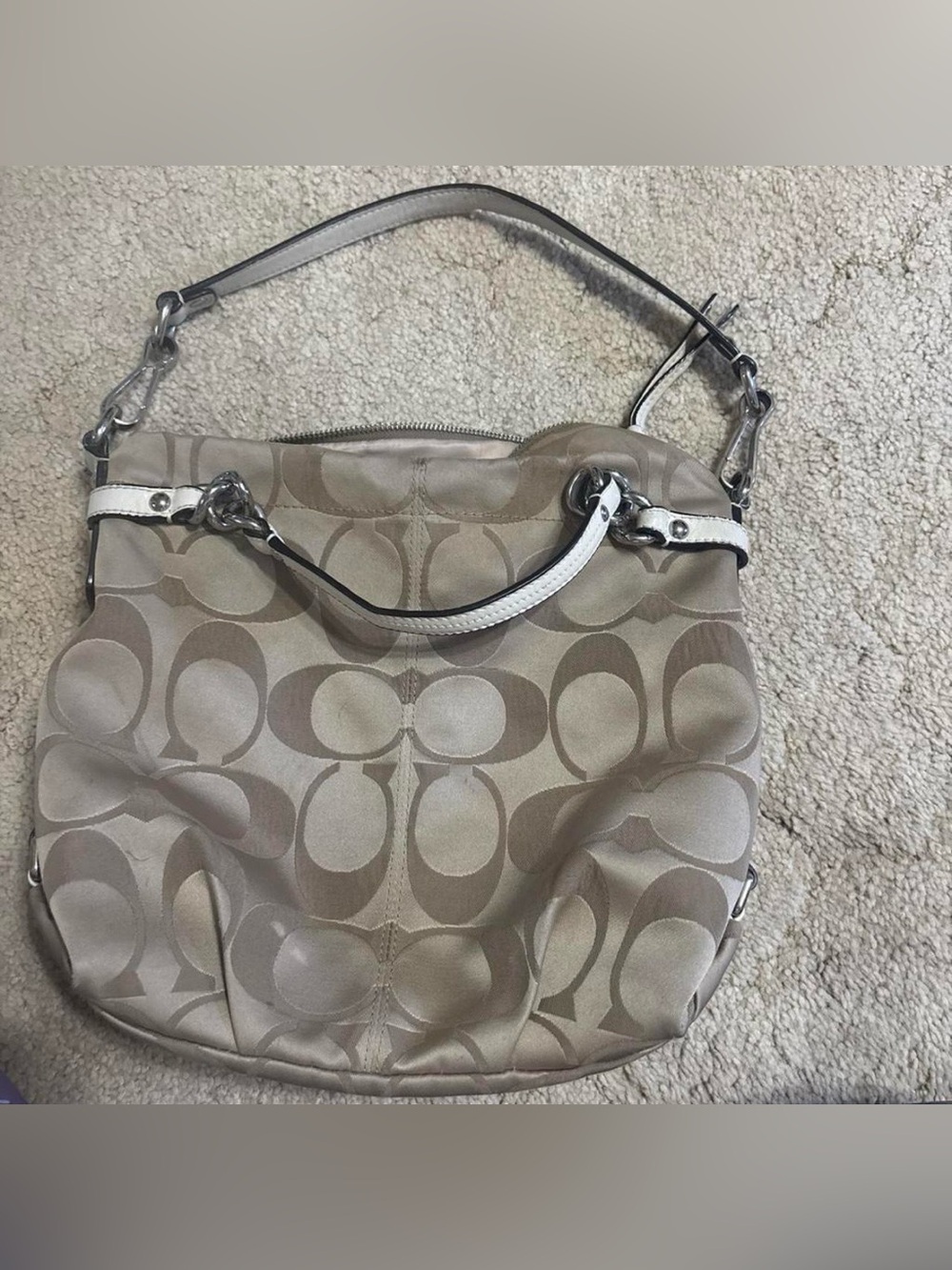 Coach Signature Sateen Brooke Tan & White Hobo Bag